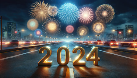 Grand city avenue at night, adorned with festive lights and golden "2024" numerals, under a dazzling fireworks display celebrating the New Year.の素材