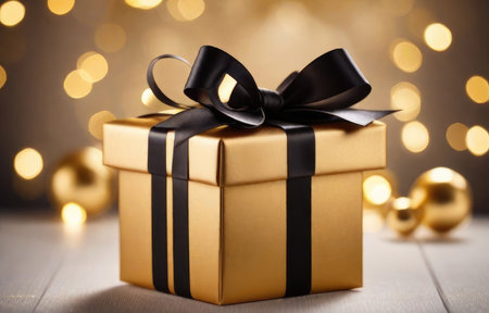 Christmas gift box with golden bow and decoration on bokeh backgroundの素材