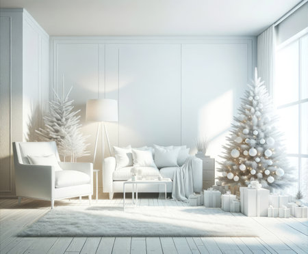 Living room interior wall mock up with white armchari and decorated christmas tree on empty white background.の素材