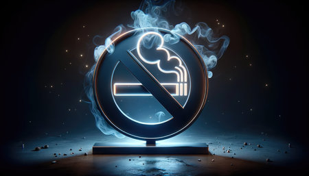 No Smoking Sign with Burning Cigarette on dark backgroundの素材