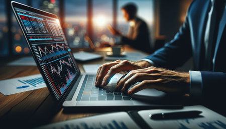 Close-up of a businessman's hands typing on a laptop, analyzing complex financial charts and data in a corporate office environment.の素材