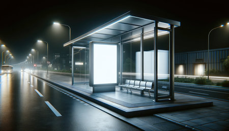 Illuminated Bus Stop with Blank Ad Billboard at Night.の素材