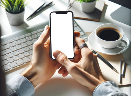 Close-up of a professional's hands using a smartphone at a well organized office desk, complete with a cup of coffee and computer peripherals.の素材