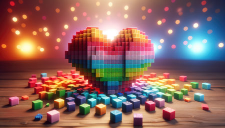 A captivating 3D pixelated heart illuminated in a neon spectrum of colors against a sparkling and bokeh-lit background.の素材