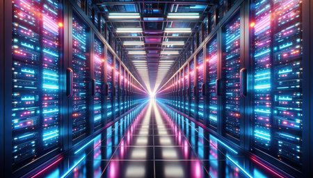 A perspective view of a futuristic data center aisle with glowing neon lights, reflecting off the polished floors and showcasing advanced technology infrastructure.の素材