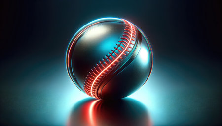 A conceptual image of a chrome baseball with glowing red stitches against a dark background, symbolizing innovation in sports.の素材