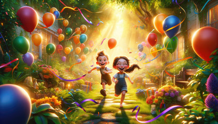 Animated children running joyfully among colorful balloons and streamers in an enchanting garden setting, radiating happiness and playfulness.の素材
