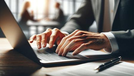 Close up of a business professional's hands typing on a laptop keyboard with colleagues in discussion in the background.の素材
