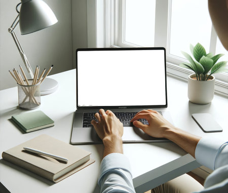 Individual working on a laptop at a tidy workstation with a notepad, pen holder, and decorative plant, depicting a productive setting.の素材