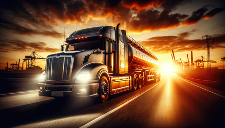 A semi truck with a tanker trailer driving on a highway against a backdrop of a dramatic fiery sunset and industrial cranes.の素材