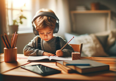 A focused young boy with headphones is diligently writing in her notebook at home, with a tablet lying next to he.の素材