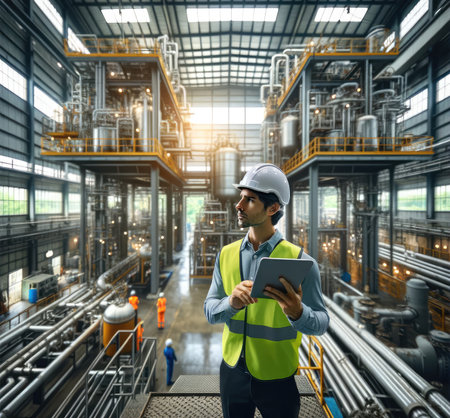 Industrial engineer in safety gear attentively using a tablet during an inspection at a bustling manufacturing facility.の素材
