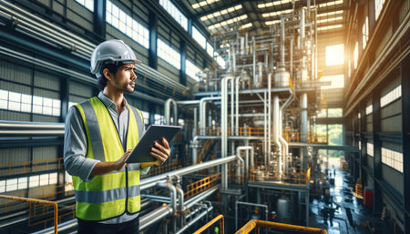 Industrial engineer in safety gear attentively using a tablet during an inspection at a bustling manufacturing facility.の素材