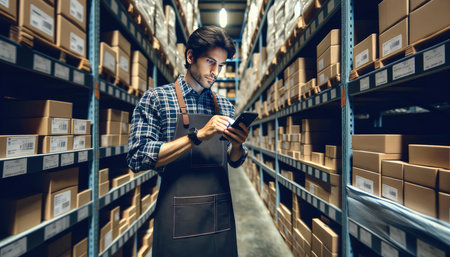 A young male warehouse worker is focused on checking inventory levels using a digital tablet amidst rows of organized shelves.の素材