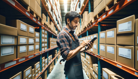 A young male warehouse worker is focused on checking inventory levels using a digital tablet amidst rows of organized shelves.の素材