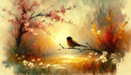 A delicate bird perches on a cherry blossom branch, depicted in an evocative painting with warm tones and a dreamy atmosphere.の素材