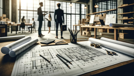 Focused architects conversing in a spacious, well lit office, with detailed blueprints spread out on a wooden table in the foreground.の素材
