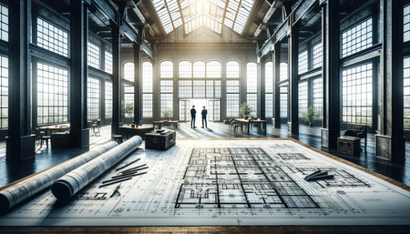 Focused architects conversing in a spacious, well lit office, with detailed blueprints spread out on a wooden table in the foreground.の素材