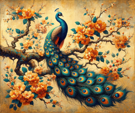 Artistic rendition of a regal peacock perched on a blossoming tree branch, infused with vintage charm and rich colors.の素材