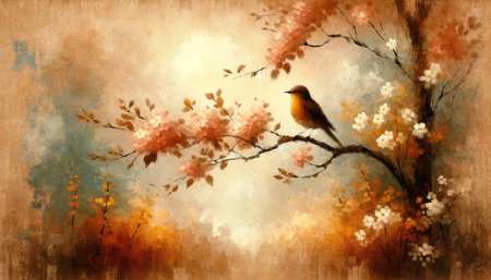 A delicate bird perches on a cherry blossom branch, depicted in an evocative painting with warm tones and a dreamy atmosphere.の素材