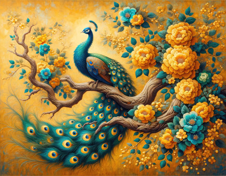 Artistic rendition of a regal peacock perched on a blossoming tree branch, infused with vintage charm and rich colors.の素材