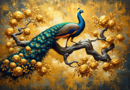 Artistic rendition of a regal peacock perched on a blossoming tree branch, infused with vintage charm and rich colors.の素材
