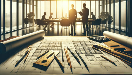 Focused architects conversing in a spacious, well lit office, with detailed blueprints spread out on a wooden table in the foreground.の素材