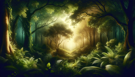 Artistic illustration of lush green and golden leaves with a mystical, glowing light in an enchanted forest scene.の素材