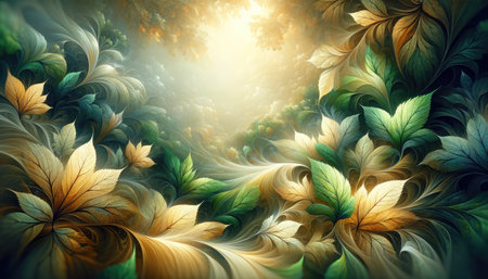 Artistic illustration of lush green and golden leaves with a mystical, glowing light in an enchanted forest scene.の素材