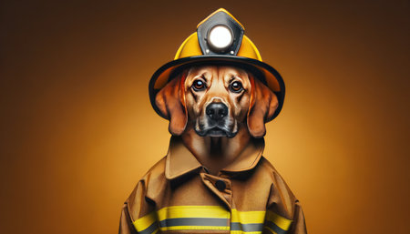 A beagle dog wears a firefighter costume against a warm golden backdrop, portraying bravery and heroism.の素材