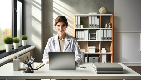 Female doctor in a lab coat analyzes patient data on a computer in a bright, modern office.の素材