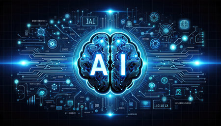 Digital brain with AI lettering depicted in a futuristic style against a complex circuit board background.の素材