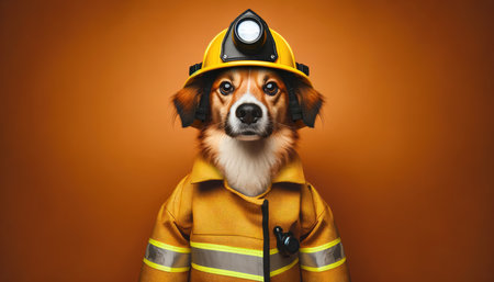 A beagle dog wears a firefighter costume against a warm golden backdrop, portraying bravery and heroism.の素材