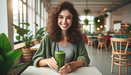 Smiling young woman drinking a healthy green smoothie in a modern cafe setting.の素材