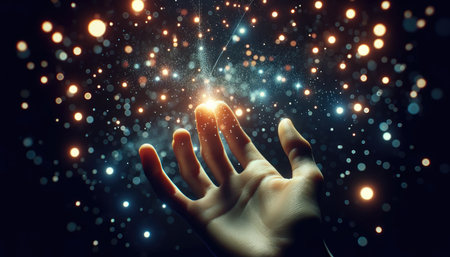 A hand reaches out, seemingly harnessing the cosmic energy of a starry universe, in a dynamic display of light and connection.の素材