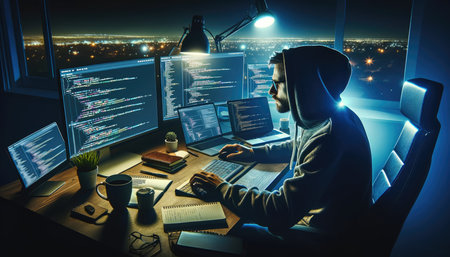 Hacker in hoodie working on desktop computer at night. Cyber attack concept.の素材