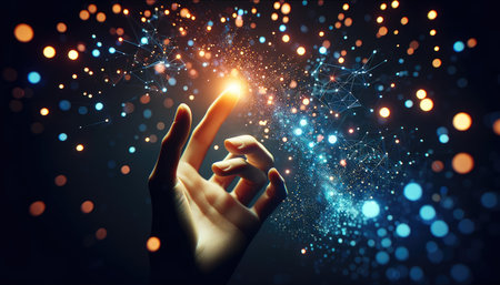 A hand reaches out, seemingly harnessing the cosmic energy of a starry universe, in a dynamic display of light and connection.の素材