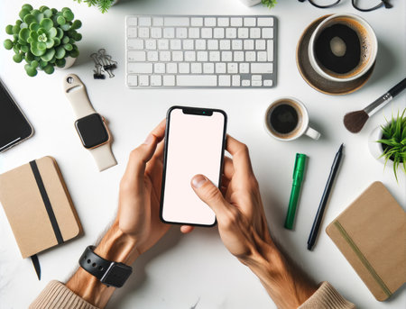 Overhead view of hands holding a smartphone above a neatly organized desk with office supplies, keyboard, and a fresh cup of coffee.の素材