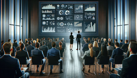 A presenter leads a corporate data analysis session in a high-tech room, with a large group of professionals attentively viewing sophisticated digital dashboards.の素材