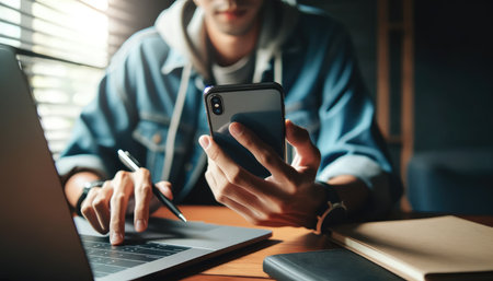 Modern professional multitasks using a smartphone while referencing a traditional notebook alongside a laptop in a well lit workspace.の素材