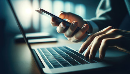 Close up of a businessman's hands using a smartphone over a laptop keyboard, in a modern office environment with blue lighting.の素材