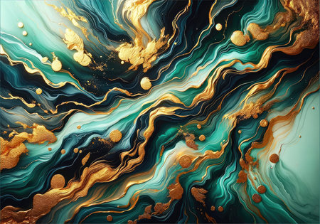 Abstract painting featuring swirling patterns of gold and teal, reminiscent of marble textures, conveying luxury and dynamic movement.の素材