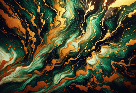 Abstract painting featuring swirling patterns of gold and teal, reminiscent of marble textures, conveying luxury and dynamic movement.の素材