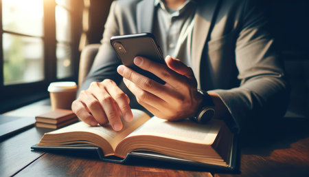 Modern professional multitasks using a smartphone while referencing a traditional notebook alongside a laptop in a well lit workspace.の素材