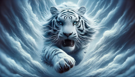 Imposing white tiger with piercing blue eyes bursts through swirling, ethereal clouds, exuding power and mystery.の素材