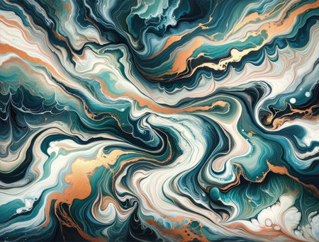 Abstract painting featuring swirling patterns of gold and teal, reminiscent of marble textures, conveying luxury and dynamic movement.の素材