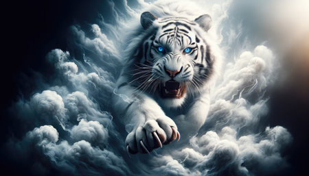 Imposing white tiger with piercing blue eyes bursts through swirling, ethereal clouds, exuding power and mystery.の素材