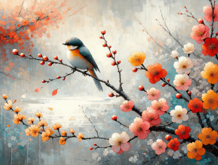 A delicate bird perches on a cherry blossom branch, depicted in an evocative painting with warm tones and a dreamy atmosphere.の素材