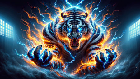 Dynamic digital art of a tiger roaring amidst a storm of fire and lightning, symbolizing power and ferocity.の素材