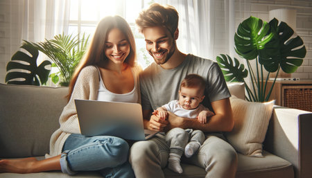 Smiling young parents with their baby enjoying family time while using a laptop in a cozy home environment.の素材